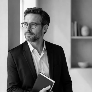 An expert in glasses holding a notebook, standing in a quiet studio