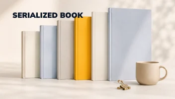 Serialized Book — a row of books standing side by side beside a mug