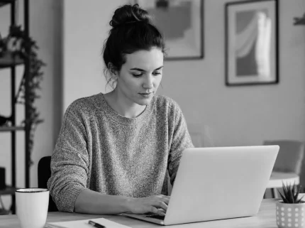 An author working on her book at a laptop in a bright home office